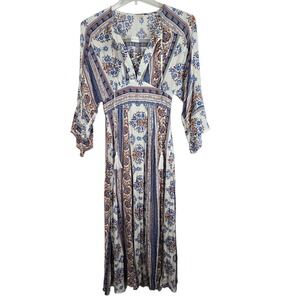 En Crème Boho Floral‎ Paisley Maxi Dress Size S Tassel Tie V-Neck Peasant Style